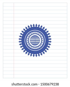 globe, website icon drawn with pen. Blue ink. Vector Illustration. Detailed.