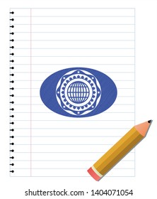 globe, website icon emblem draw with pen effect. Blue ink. Vector Illustration. Detailed.