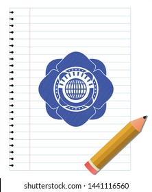 globe, website icon emblem draw with pen effect. Blue ink. Vector Illustration. Detailed.