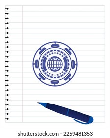 globe, website icon emblem drawn with pen. Blue ink. Vector Illustration. Detailed. 