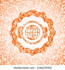 globe, website icon inside abstract orange mosaic emblem