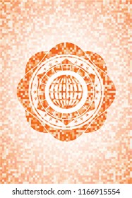 globe, website icon inside abstract orange mosaic emblem