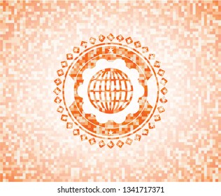 globe, website icon inside abstract orange mosaic emblem
