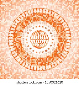 globe, website icon inside abstract orange mosaic emblem