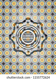 globe, website icon inside arabesque emblem. arabic decoration.