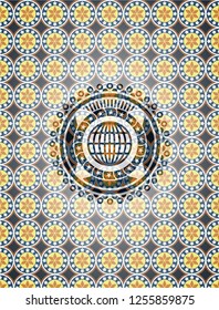 globe, website icon inside arabesque emblem background. arabic decoration.