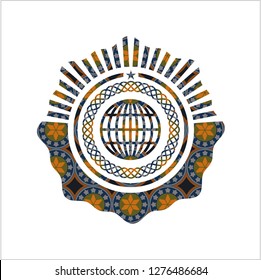 globe, website icon inside arabesque emblem background. arabic decoration.