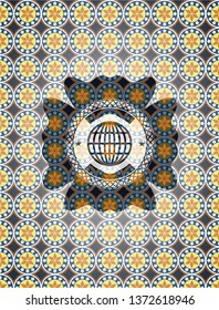 globe, website icon inside arabesque style emblem. arabic decoration.