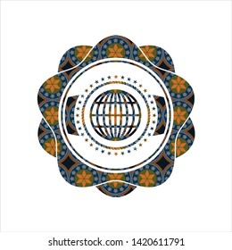 globe, website icon inside arabesque style badge. arabic decoration.