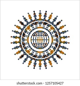 globe, website icon inside arabic emblem background. Arabesque decoration.