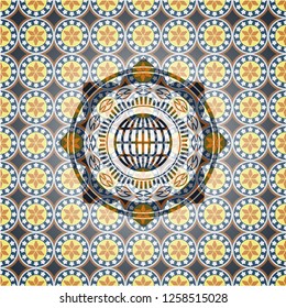 globe, website icon inside arabic badge background. Arabesque decoration.