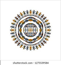 globe, website icon inside arabic badge. Arabesque decoration.