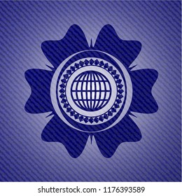 globe, website icon inside badge with jean texture