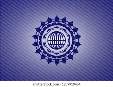 globe, website icon inside badge with jean texture
