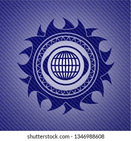 globe, website icon inside badge with denim texture