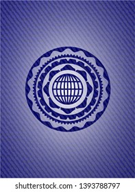 globe, website icon inside badge with denim texture