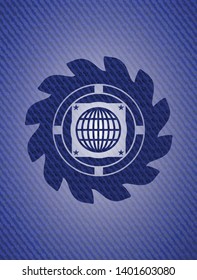 globe, website icon inside badge with jean texture