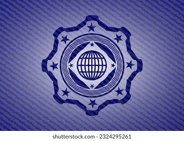 globe, website icon inside badge with denim background. 