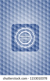 globe, website icon inside blue emblem with geometric background.