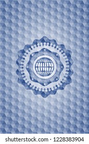globe, website icon inside blue emblem with geometric background.