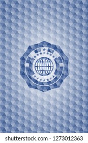 globe, website icon inside blue emblem or badge with abstract geometric pattern background.