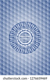 globe, website icon inside blue emblem or badge with abstract geometric pattern background.