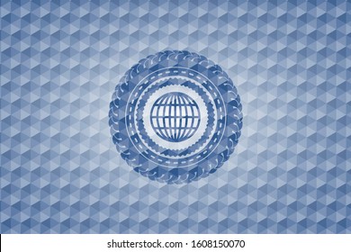 globe, website icon inside blue emblem or badge with abstract geometric polygonal pattern background.