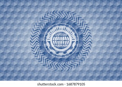 globe, website icon inside blue emblem or badge with abstract geometric polygonal pattern background.