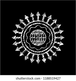 globe, website icon inside chalkboard emblem written on a blackboard