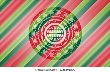 globe, website icon inside christmas colors style emblem.