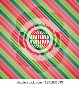 globe, website icon inside christmas colors style badge.