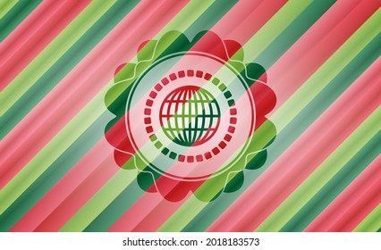 globe, website icon inside christmas colors style badge. 
