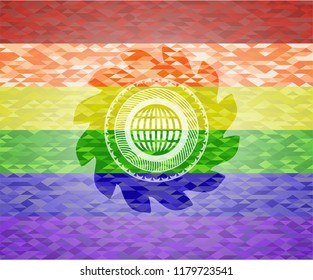 globe, website icon inside emblem on mosaic background with the colors of the LGBT flag