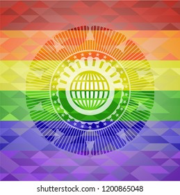 globe, website icon inside emblem on mosaic background with the colors of the LGBT flag
