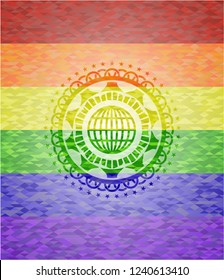 globe, website icon inside emblem on mosaic background with the colors of the LGBT flag