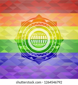 globe, website icon inside emblem on mosaic background with the colors of the LGBT flag