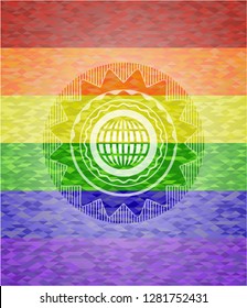 globe, website icon inside emblem on mosaic background with the colors of the LGBT flag