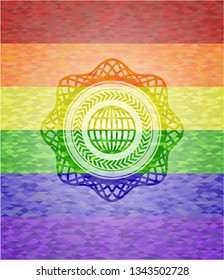 globe, website icon inside emblem on mosaic background with the colors of the LGBT flag