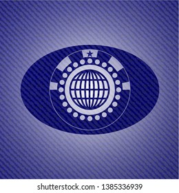 globe, website icon inside emblem with jean background