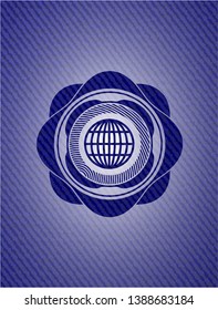 globe, website icon inside emblem with jean texture