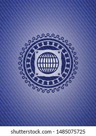 globe, website icon inside emblem with denim high quality background