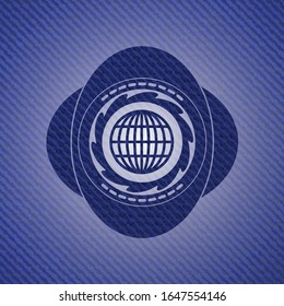 globe, website icon inside emblem with denim texture