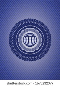 globe, website icon inside emblem with denim texture