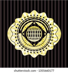 globe, website icon inside golden emblem or badge