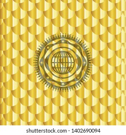 globe, website icon inside golden emblem or badge. Scales pattern. Vector Illustration. Detailed.