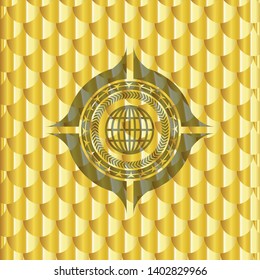 globe, website icon inside golden badge or emblem. Scales pattern. Vector Illustration. Detailed.