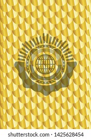 globe, website icon inside golden badge or emblem. Scales pattern. Vector Illustration. Detailed.