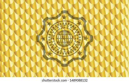 globe, website icon inside golden badge or emblem. Scales pattern. Vector Illustration. Detailed.