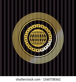 globe, website icon inside golden emblem or badge