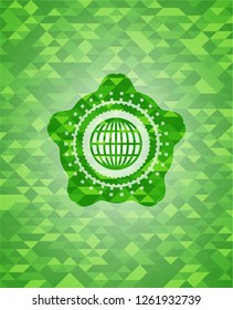 globe, website icon inside green emblem with mosaic ecological style background